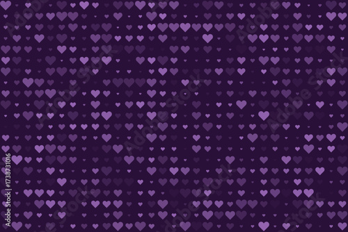 Seamless pattern of purple hearts in various shades on a dark background, perfect for romantic themes, Valentine's Day, or digital design.