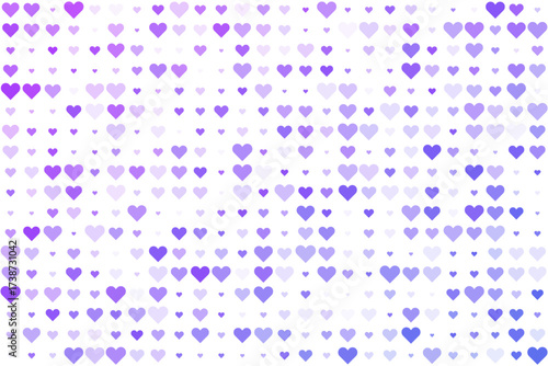 Abstract background with a seamless pattern of purple hearts in various shades, creating a gentle and romantic texture for design projects.
