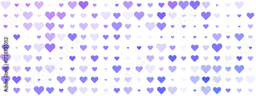 Abstract background with a seamless pattern of purple and lavender hearts in varying sizes, creating a gentle and romantic design.