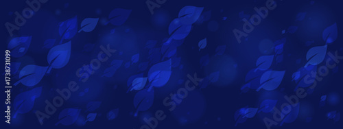 Abstract blue background with floating leaves and bokeh light effects, creating a serene and modern natural pattern.