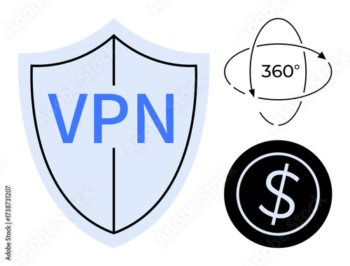 Shield with VPN text alongside a 360-degree arrow symbol and dollar sign. Ideal for cybersecurity, data protection, privacy, anonymity, online shopping, secure connections, and safe browsing. A