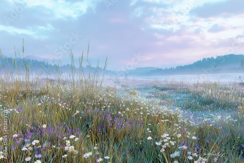 Pastel Meadow Field at Sunrise