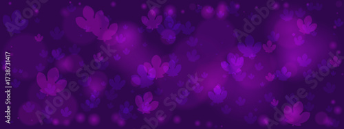 Abstract purple background with floating leaves and soft bokeh lights, creating a dreamy and elegant decorative pattern.