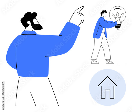 Hand gesture indicating direction, figure carrying bright lightbulb as a symbol of idea, a house icon for home or safety. Ideal for concepts thumbs up innovation, decision-making, inspiration