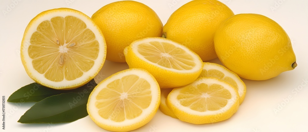 Fototapeta premium Juicy Lemons Slices and Whole Fruits with Green Leaves