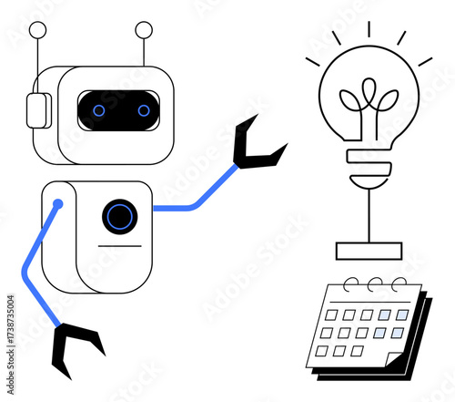 Robot pointing at a glowing lightbulb symbolizing innovation and a calendar for scheduling. Ideal for AI, technology, creativity, organization, brainstorming, planning, automation, simple flat