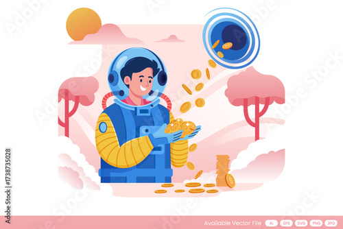 Astronaut collecting gold coins falling from a portal