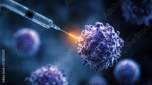 Macro image of a needle being pricked at a cancer cell. Research of cancer diseases, viruses in infected organism , viral disease epidemic, vaccine background.