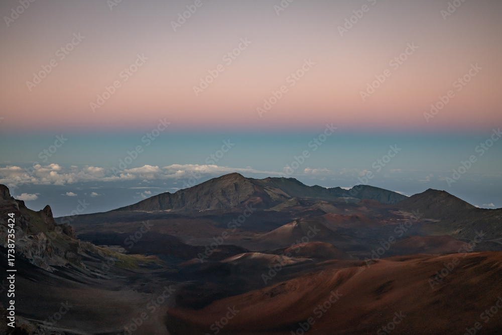 Naklejka premium The Belt of Venus – also called Venus's Girdle, the antitwilight arch, or antitwilight. Sunset at Haleakalā National Park. Maui, Hawaii. Haleakalā / East Maui Volcano, is a shield volcano.