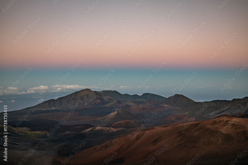 Naklejka premium The Belt of Venus – also called Venus's Girdle, the antitwilight arch, or antitwilight. Sunset at Haleakalā National Park. Maui, Hawaii. Haleakalā / East Maui Volcano, is a shield volcano.