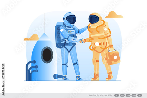 Astronauts in blue and orange suits shake hands near a rocket