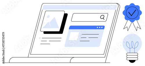 Laptop highlighting search results and images, quality assurance badge, and lightbulb icon for innovation. Ideal for creativity, research, quality, learning, design technology productivity. Simple