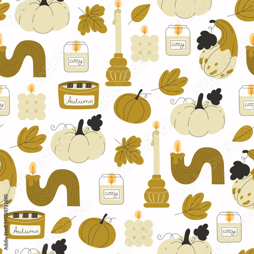 Autumn pattern with pumpkins candles and leaves