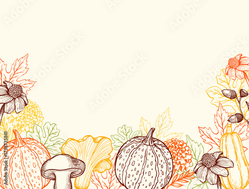 Autumnal illustration with pumpkins mushrooms flowers and leaves