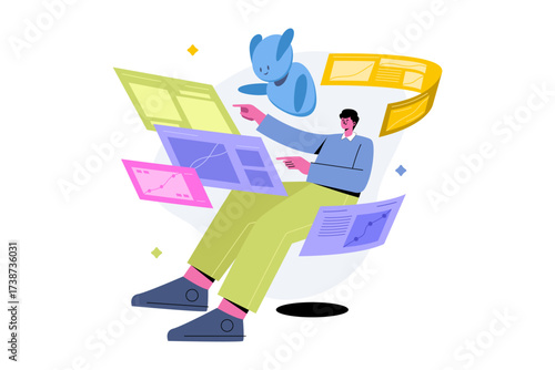 Animated person interacting with floating digital screens