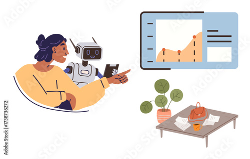 Woman collaborating with humanoid robot, reviewing data on a graph. Coffee table with plants, papers, and a bag. Ideal for teamwork, AI, innovation, data analysis home office digital technology
