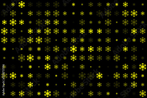 Abstract digital pattern of glowing yellow and dark green snowflake shapes on a black background, creating a dynamic and festive winter or technological design.