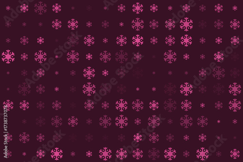 Abstract winter background with varying pink and purple snowflake patterns on a dark maroon backdrop, perfect for festive designs