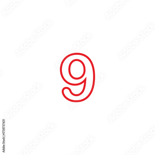 Number 9 linear, red geometric symbol simple logo vector