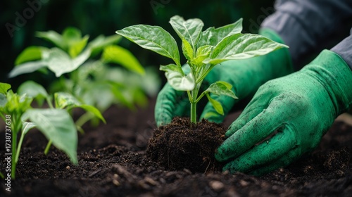 Man in green gloves checking quality of the soil on the farm Concept of farming growing plants and working on the ground Organic farming concept. Creative Banner. Copyspace image