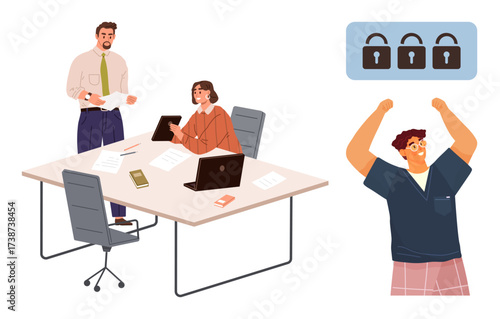 Office colleagues collaborate at a table with papers, laptops, and phones a man celebrates unlocking security with padlocks. Ideal for teamwork, security, collaboration, success, brainstorming