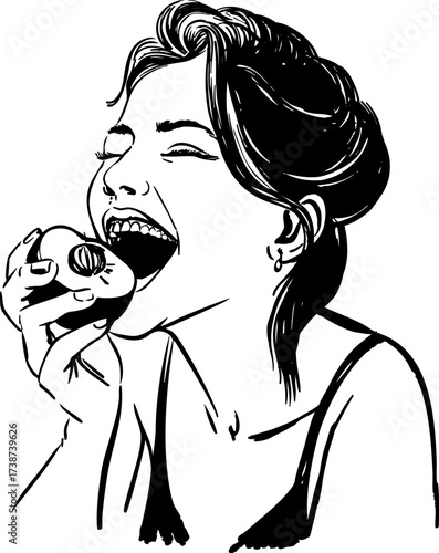 Black and white line drawing of a young woman biting into a piece of fruit