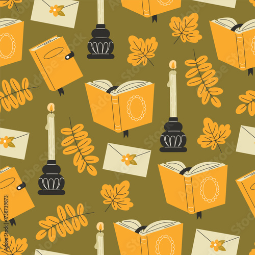Autumnal pattern with books candles envelopes and leaves