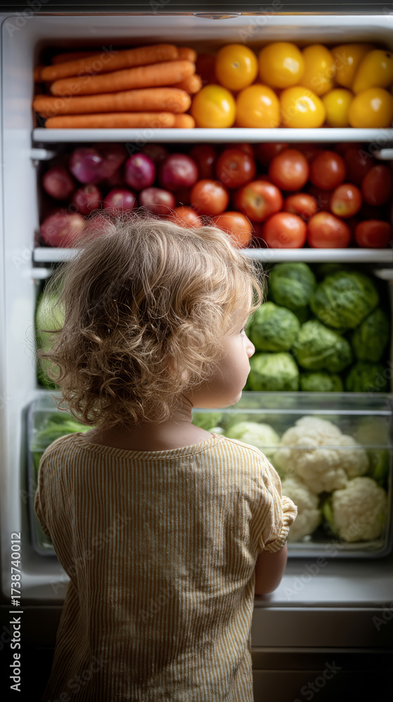 Fototapeta premium Child gazing at colorful layers of fresh produce inside open fridge