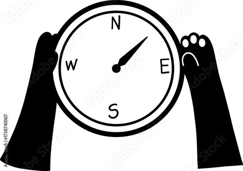 Black and white illustration of a compass held by paws