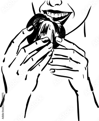 Black and white illustration of a person biting into an apple