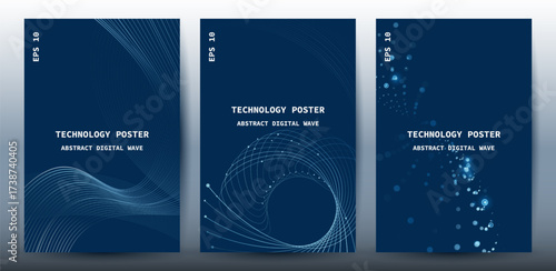 Tech Poster Set. Abstract digital wave technology background. Cyber tech Big data concept,Data Science, corporate business concept