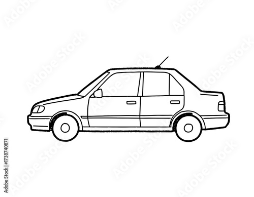 Black and white outline of a sedan car in side view  