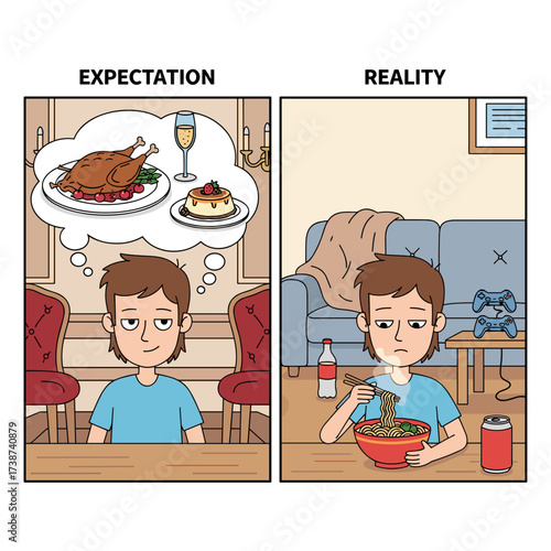 Young man daydreaming about feast while eating noodles at home  