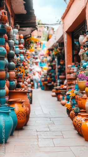 Colorful mexican pottery display at vibrant local market - cultural art and craft design inspiration