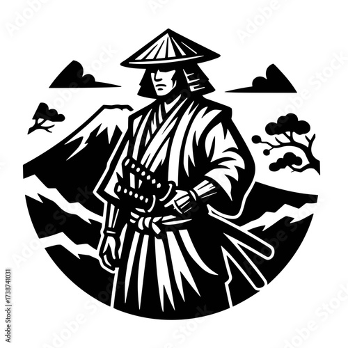 Samurai warrior standing with katana in front of mountains  