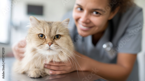 Professional veterinarian with persian cat in clinic setting