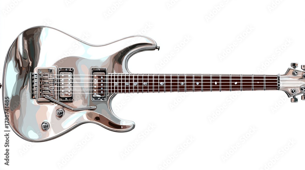 Obraz premium Polished, futuristic-looking chrome electric guitar against a stark white backdrop