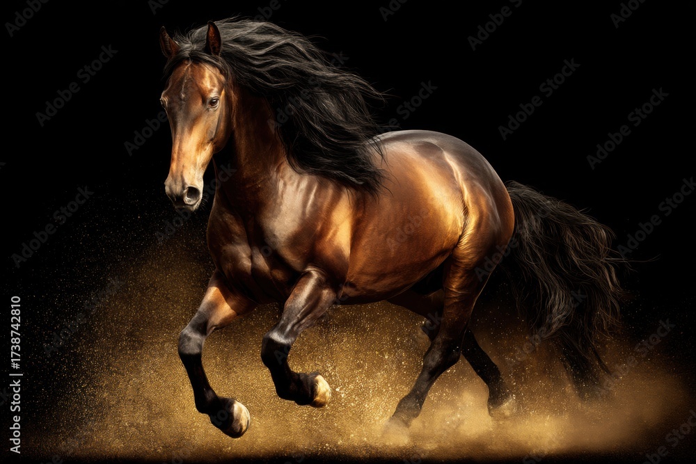 Fototapeta premium A powerful brown horse gallops through a cloud of dust against a dramatic black background, showcasing its strength and grace