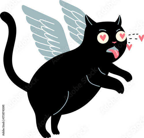 Black cat with wings and hearts in eyes sticking tongue out