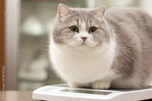 A chubby gray and white cat sits on a digital scale indoors, looking directly at the camera with curious eyes