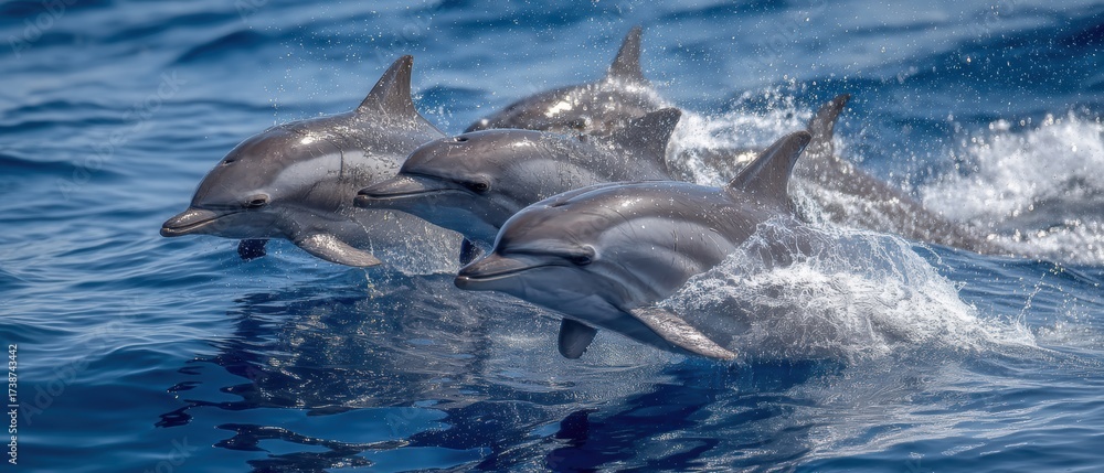Fototapeta premium Four dolphins swim and leap together in the bright blue ocean, creating splashes and waves as they move in unison