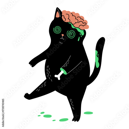 Black cat with exposed brain and bone in arm walking