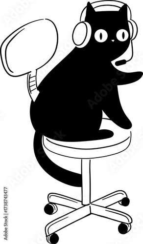 Black cat with headphones on a swivel chair