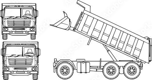 Dump truck outline vector. Front and side view in clean industrial sketch style
