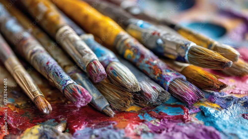 Fototapeta premium A close-up of used paintbrushes resting on a colorful, textured palette filled with vibrant paint