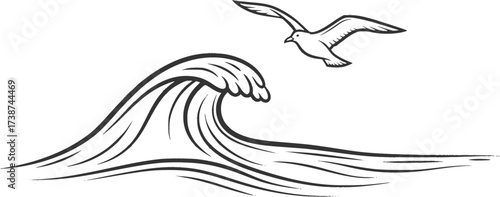 Ocean wave sketch. Minimalist line art with seagull and sea motion, vector illustration.
