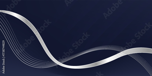 Abstract 3D luxury silver waveform ribbon on blue with frame background. Vector graphic illustration.