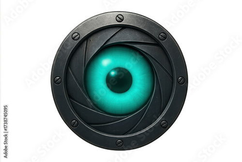 Futuristic cyborg eye watching through a camera lens shutter