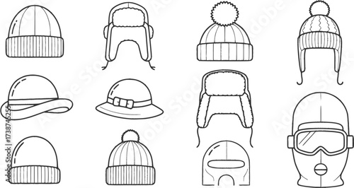 Winter headwear outline set. Vector collection of warm hats for cold weather.
