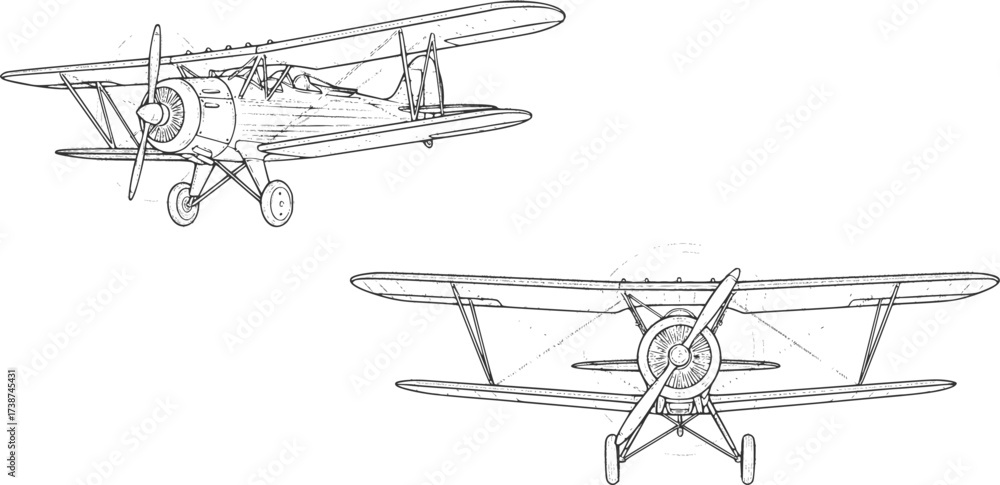 Obraz premium Vintage biplane aircraft outline vector – diagonal and frontal views detailed line drawing 